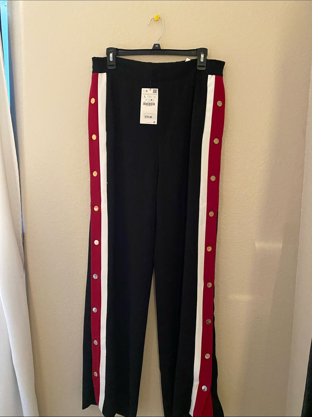 Zara Black Track Pants with Red and White Side Stripes
